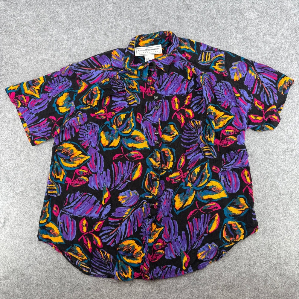 Vintage Tropical Leaf Multicolor Maggie Lawrence Button Down Womens L
